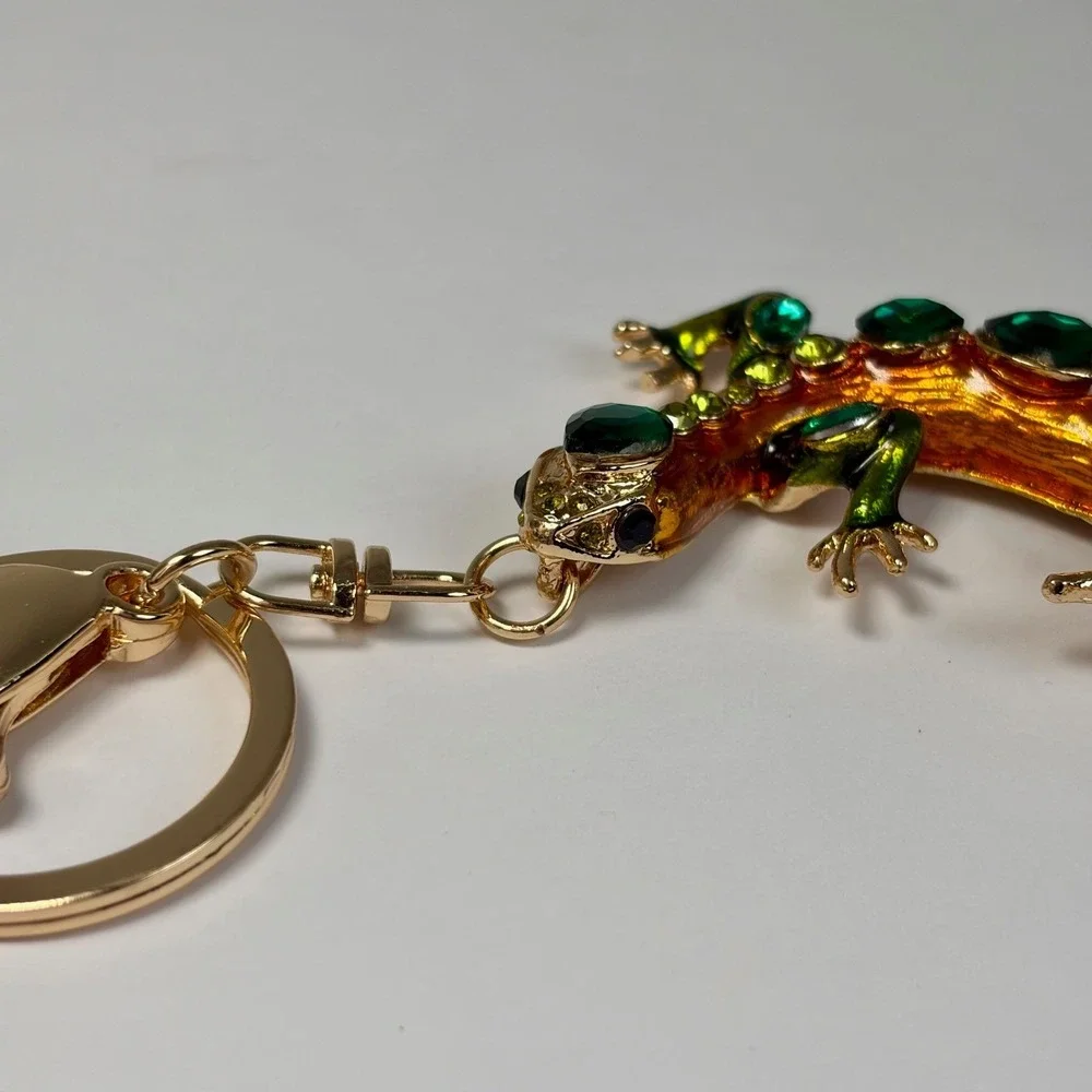 Boho‎ Lizard Keychain Gold Enamel Green Rhinestone Gecko Purse Charm Whimsical